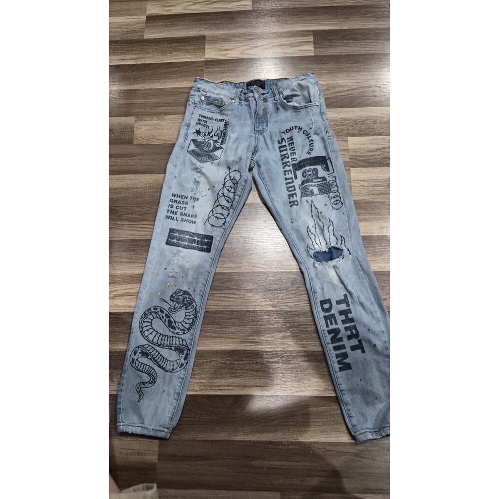 THRT Denim Jeans Men's Size 32 Light Wash Graphic Distressed Streetwear Y2K - Picture 2 of 16